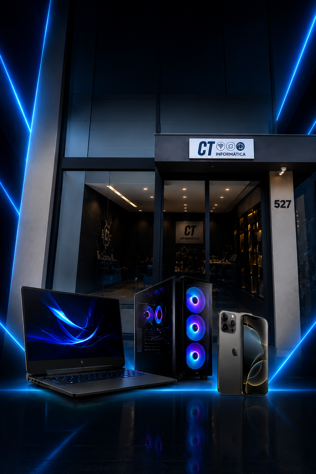 Fachada da CT Informática em Matão/SP com notebook, PC Gamer e iPhone